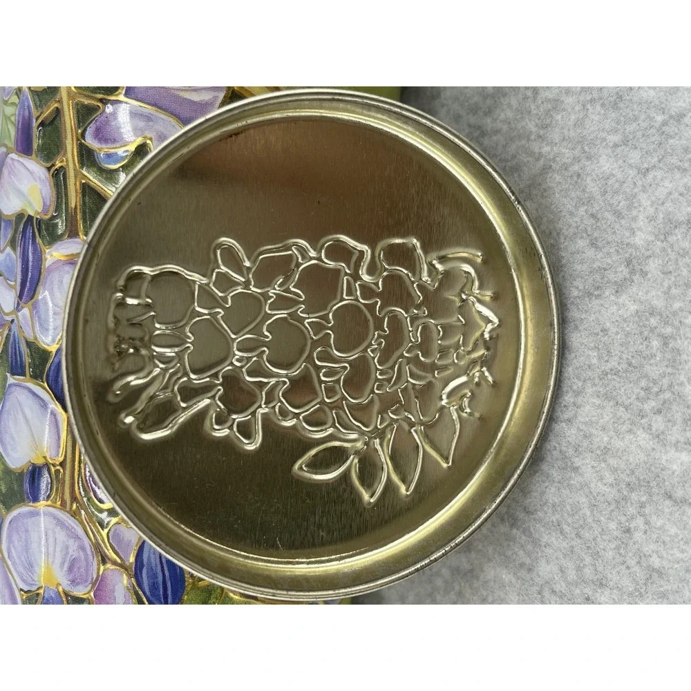 Silver Crane Green Floral Tin Art Nouveau Wisteria Storage Canister Lid Spring